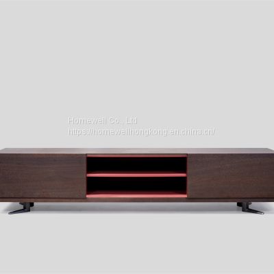 Contemporary TV stand  2 door+1 shelf entertainment unit LH-1602 walnut color with gun-black legs livingroom furniture