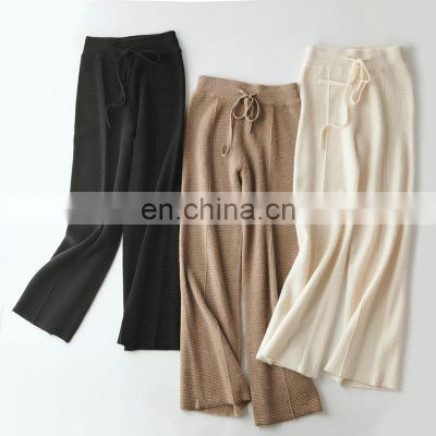 Women Waffle Knit Loose Wide Leg Casual Cashmere Pants with Drawstring