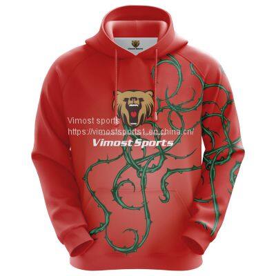 Red Customized Sublimation Hoodie of  Green Brambles Pattern