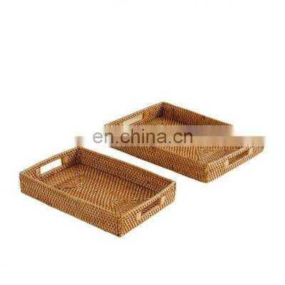 Set Of 2 Dark Brown Rectangular Handcrafted Rattan Serving Tray, Wicker Fruit tray Wholesale Handwoven