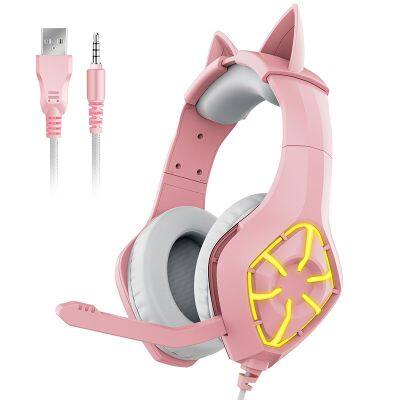 Pink Wire Gamer Headset with Microphone USB headband PC Game Headphone for girl wired Gaming cat headphone