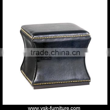 OT-089 Black Color Genuine Leather Stool With Bronze Studs