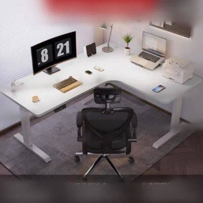 L-Shaped Office Executive Table Desk 3 Legs Height Adjustable Standing Desk