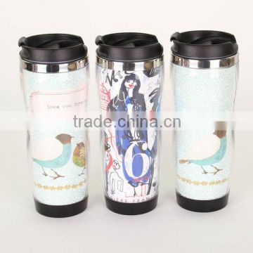 380ml bpa free steel inner and plastic outer paper insert coffee tumbler