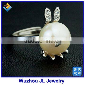 New Hot Products Bunny Rabbit Natural Pearl Beads Adjusted 925 Silver Ring