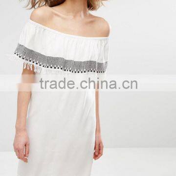 Latest Designs Off The Shoulder Machine Embroidery Tassle Dress HSD2367 photo-4
