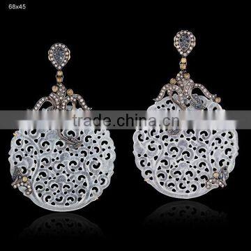 White Agate Gemstone Carving Earrings, Pave Fashion Jewelry, 925 Sterling Silver Diamond Earrings, Carving Jewelry Manufacturer