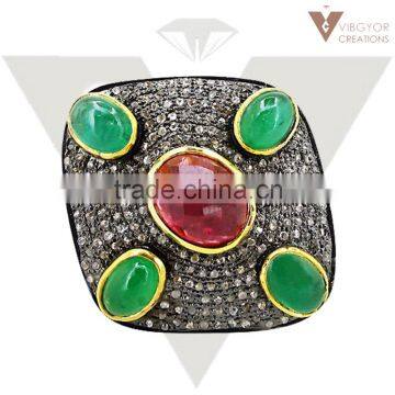 Wholesale Emerald & Pink Tourmaline Ring 925 Sterling Silver Gemstone Ring Gemstone White Pave Diamond New Design Jewelry