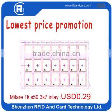 RFID TAG HF13.56MHZ S50 3*7/3*8/5*5 inlay pvc card prelam lowest price