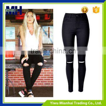 Street fashion beggar hole of tall waist elastic Europe personality jeans trousers