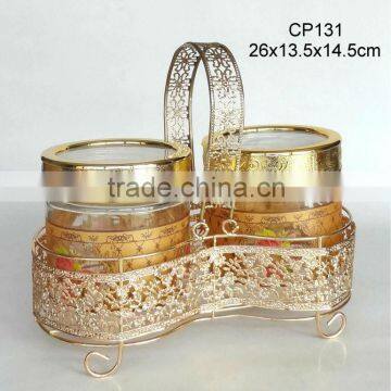 CP131 2pcs glass jar set with metal rack and decal printing