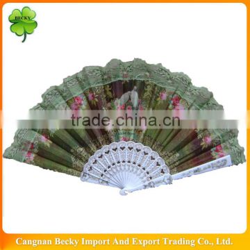 Lace hand fan with white fancy plastic ribs and colorful rose pattern surface