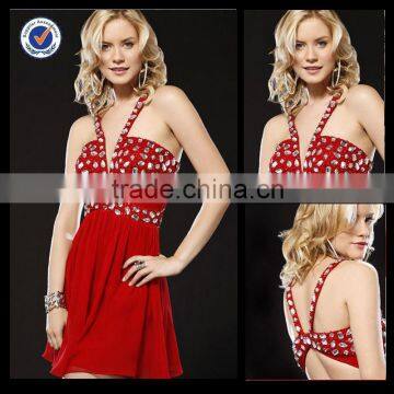 New Design Wholesale Custom Made Mini Sexy Sleeve Red Chiffon Dress With Rhinestone Cocktail Dress C0092