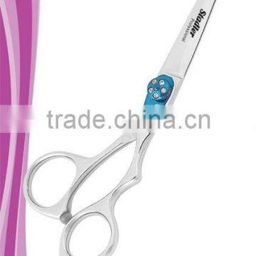 Diamond cut Hair Styling Shears removable finger rest adjustable blue tension dial with pearls mirror finish 6 inches
