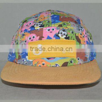 Guangzhou hat factory professional custom 100% polyester / 5 panel/cartoon/camouflage and yellow yellow label mark/flat brim hat