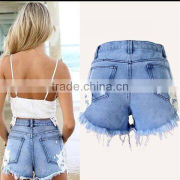 Bohemia Style Women High Waist Ripped Jeans Lace Shorts photo-5