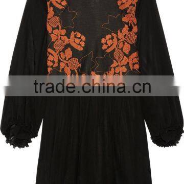 New Style Bohemian Floral Embroidery Design Embroidered Linen And Silk-Chiffon Long Billowy Sleeves Mini Dress 2017 HSD5908 photo-5