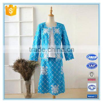 High Quality Embroidery Blue Color Fancy Designer Ladies Office Skirt Suits