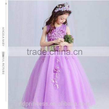 New Arrival Violet Ball Gown Tulle Girls Long Wedding Dress Sleeveless Embroidery Flower Handmade Beaded Purple Prom Party Dress photo-5
