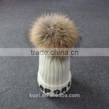 Womens Winter Cap Real Raccoon Fur Poms Hat With Plush Thicken Knit Cap Embroideried photo-6