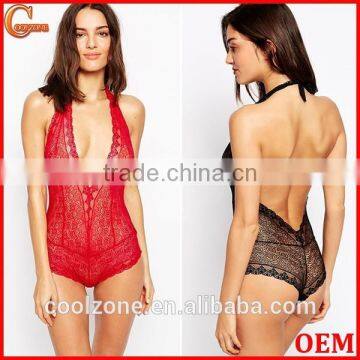 Plunge V-neck open back bodysuit women lace bodysuit wholesale