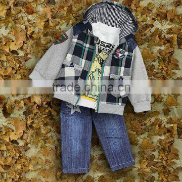 Wholesale Free Shipping Boys Clothing Suits 3 PCS Grid Coat And Cotton T Shirt And Jeans Pants Infant Clothes Set Wear CS30725-3