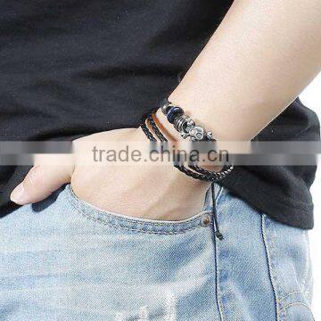 New Fashion Black Cord Gunmetal Halloween Skull Green Blue & Silver Tone Beads Cowhide Multilayer Bracelets photo-3