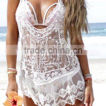 Free Shipping Women Beach Sexy Strap Sheer Floral Lace Beach Dress Embroidered Crochet Hippie Boho vestidos Mini Dress