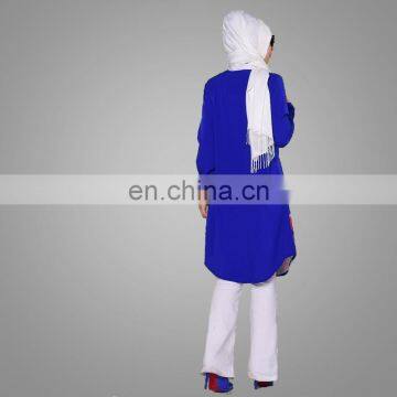 Nice Curved Hem Muslim Women Tops Blue Printed Blouse 2017 photo-3