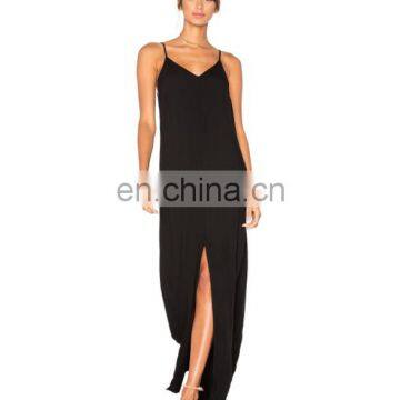 100% rayon black front seam slit adjustable shoulder strap kate slip dress