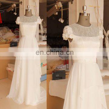 Cap Sleeve Neck Chiffon Handmade Flowers Cheap Bohemian Wedding Dress