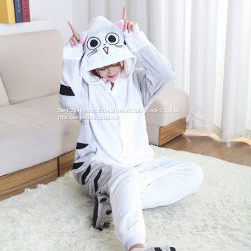 Chi's Sweet Cat Cartoon Flannel Conjoined Polyester Couple Pajamas photo-5