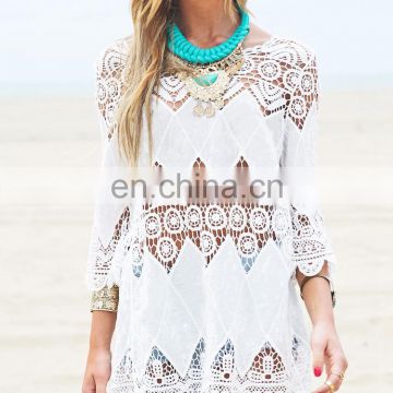 New Summer Swimsuit Lace Hollow Crochet Beach Bikini Cover Up 3/4 Sleeve Women Tops Swimwear Beach Dress White Beach Tunic Shirt