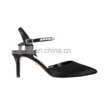 Women fancy handmade black color with rhinestone design med heels sandals shoes ladies party bridal shoe