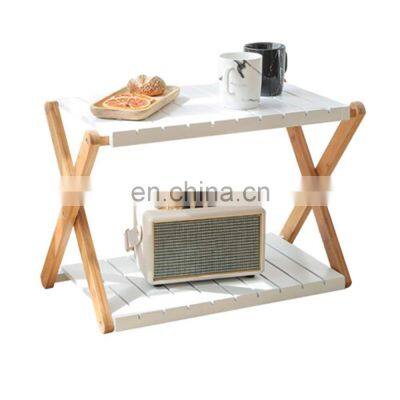 Two layer bamboo shelf folding storage multi-function adjustable rack