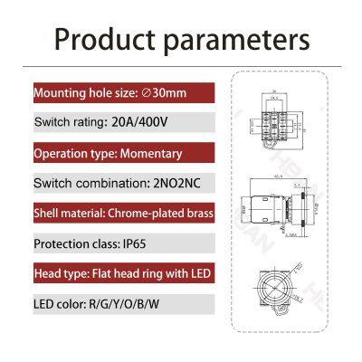 Ip65 30mm Flat Head Blue Ring LED 220v 1NO 1NC Illuminated Push Button Self Recovery photo-2