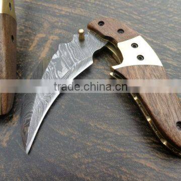 udk f99" custom handmade Damascus folding knife / pocket knife with walnut wood and brass bolster