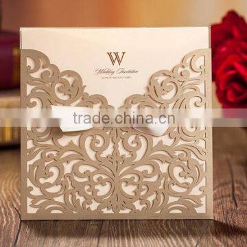 2015 new design laser cut wedding invitation card with ribbon