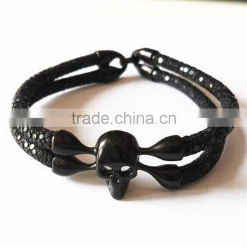 fast delivery personalized stainless steel skull charms leather bracelet stingray fish skin