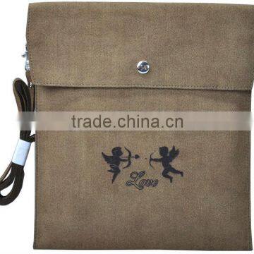 brown synthetic suede tablet sleeve with insert flap,flocked logo microfiber bag for ipad