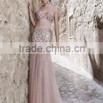 KE5141 New Arrival pink sexy mermaid one shoulder chiffion beaded long dress prom Dresses in arabic dress 2015