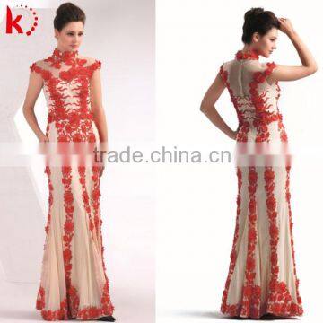 Elegant embroidery high neck cap sleeve tulle long red evening dress