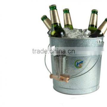 Silver colored galvanized champagne ice bucket with Opener