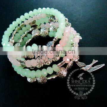 vintage antiqued silver rose flower leaf butterfly bird ice green pink beads 2 layers fashion wiring bangle bracelet 6490051