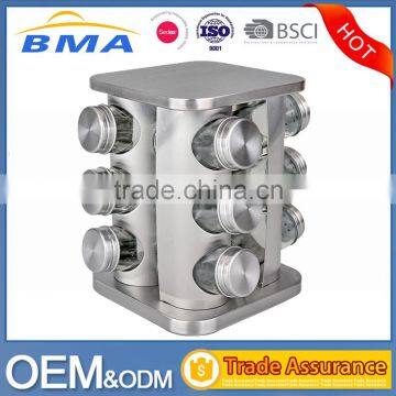 12 jars Glass Condiment Kitchen Set Stainless Steel Revolving Spice Rack set