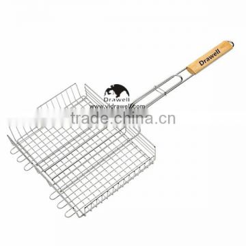 ST147 Deluxe Stainless Steel grilling basket with Rubber Wood Handle