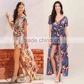 Custom Private Label Fashion Summer Western American Style Adult Woman Floral Print Chiffon Long Skirted Romper