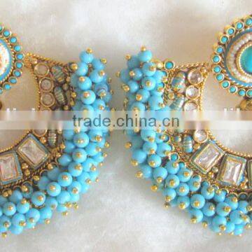 Anarkali Bollywood Beads Polki RAM LEELA Gold Tone Dangler EARRINGS photo-5