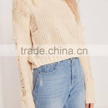 Plain White Ladies Sweater Knitwear Pullover Drop Shoulder Ladder Shoulder Distressed Crop Jumper Women photo-5