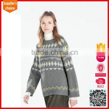 Latest design long sleeves lady pullover jacquard intarsia sweater